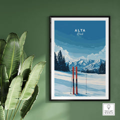 Framed wall art of Alta Utah skis against a snowy mountain backdrop, showcasing a scenic ski resort vibe.