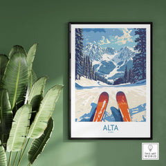 Alta Utah Ski Adventure Poster featuring stunning Wasatch Range landscape and skiing scene for travel decor.