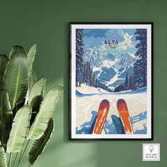 Alta Utah panoramic ski print featuring mountains and ski poles, perfect for winter wall decor.