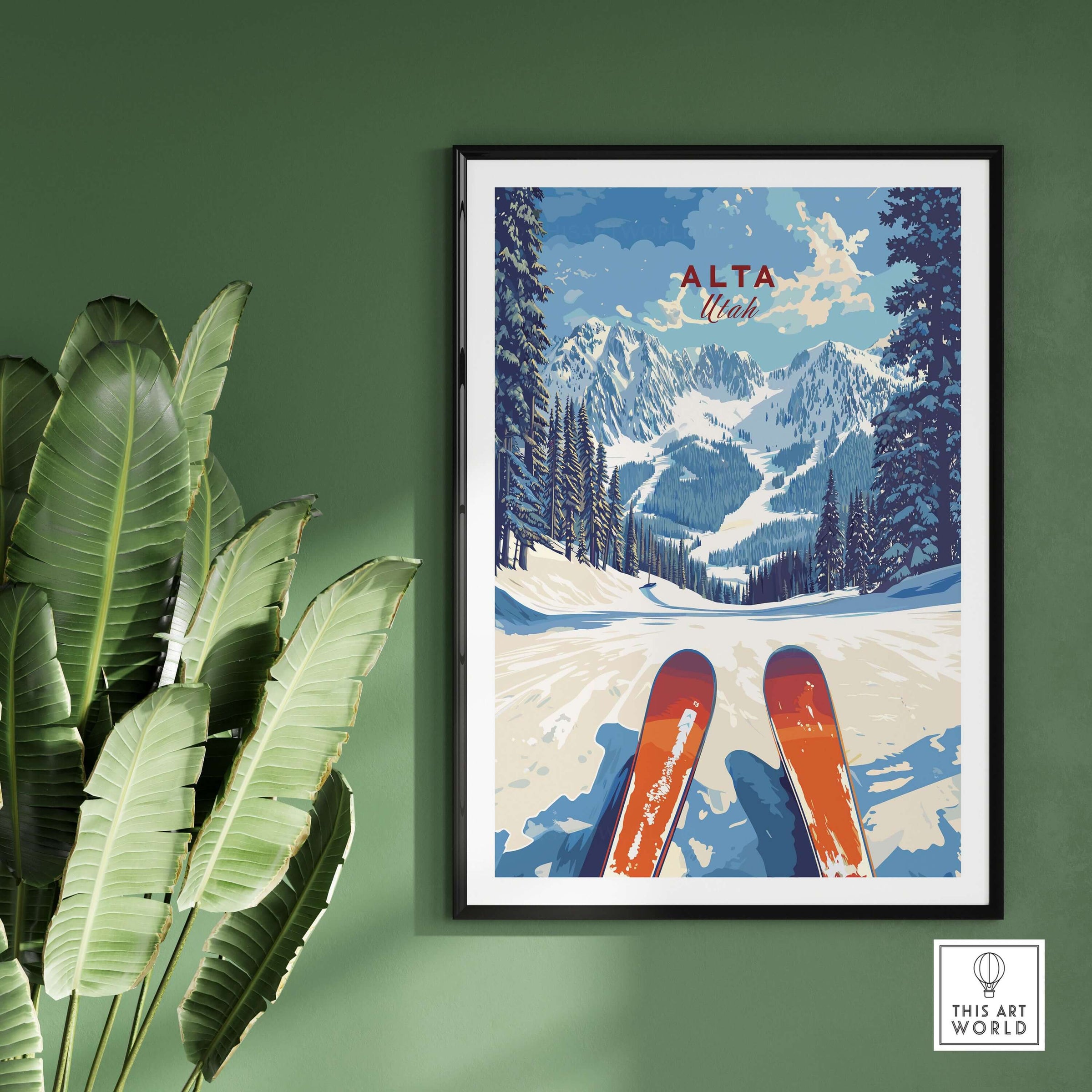 Alta Utah panoramic ski print featuring mountains and ski poles, perfect for winter wall decor.