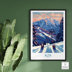 Alta Utah ski print featuring snowy mountains and ski lift, perfect winter sports travel decor for outdoor enthusiasts.