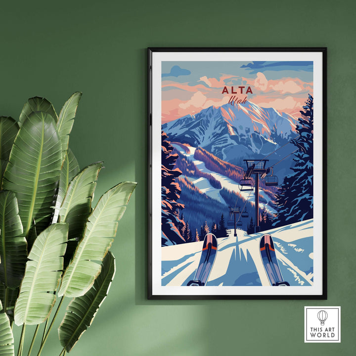 Alta Utah Ski Lift poster depicting a dramatic sunset over snowy mountains, perfect for winter decor.