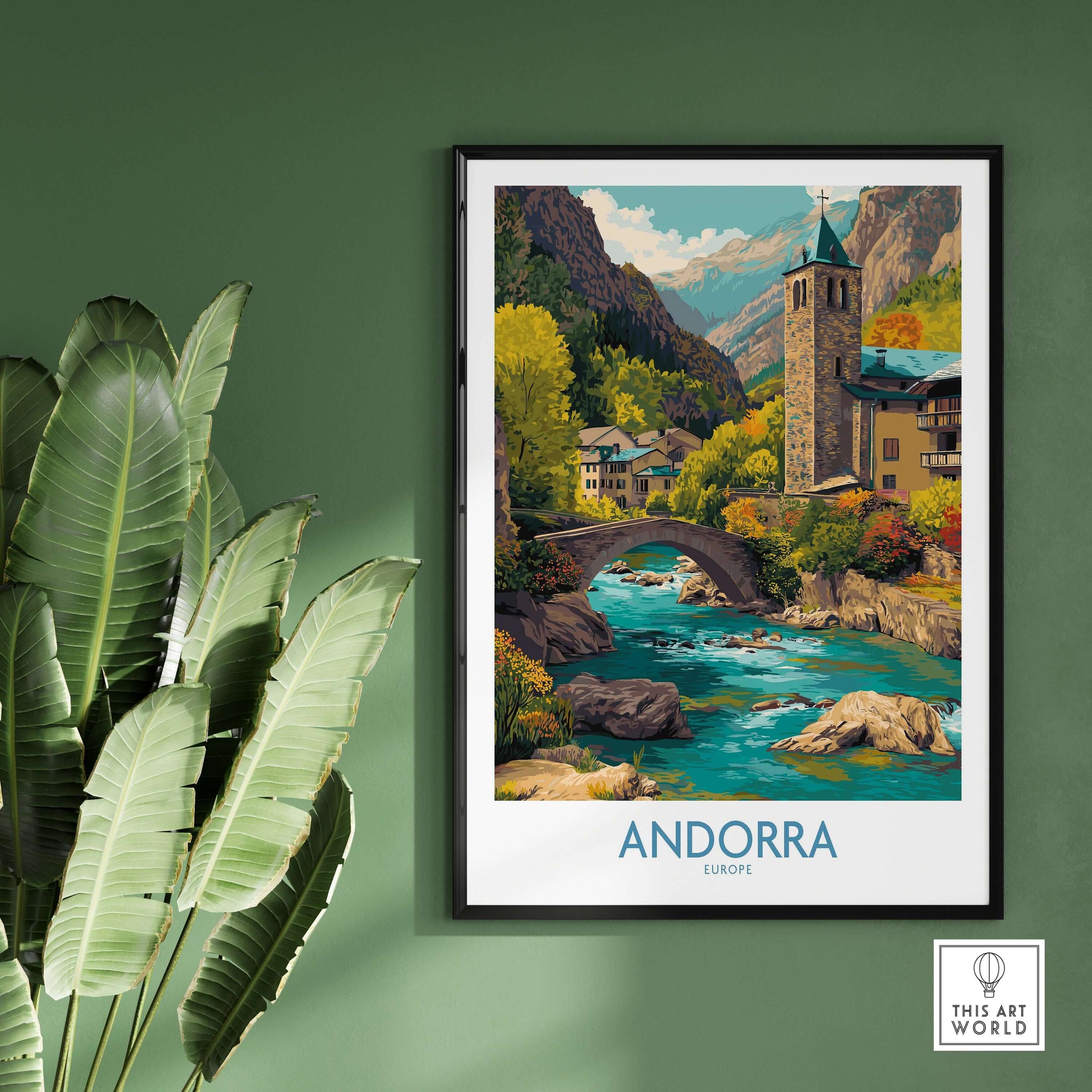 Andorra Art Print | Pyrenees Mountain Travel Poster showcasing colorful landscape and bridge over turquoise river.