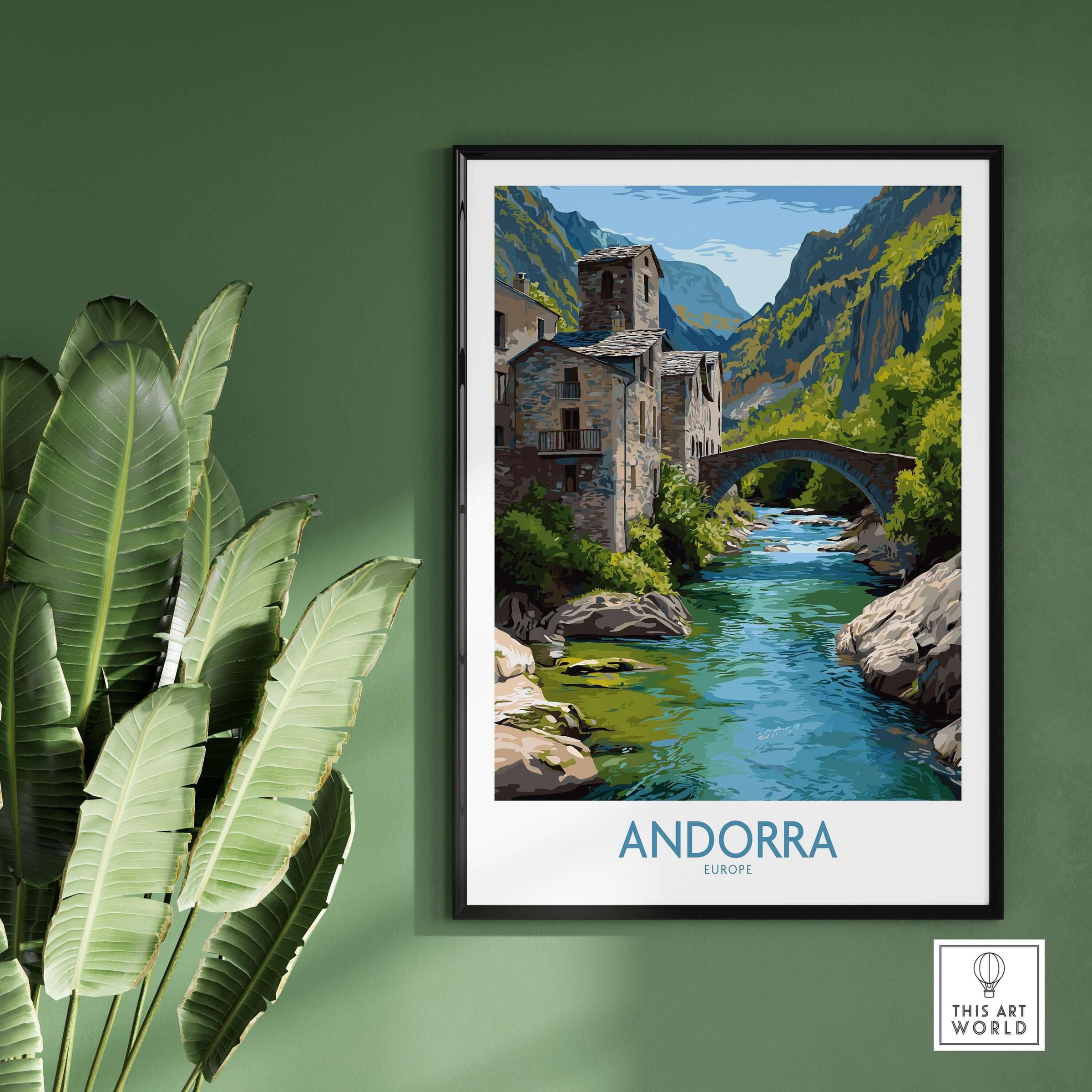 Andorra Old Town River Bridge Art Print | Pyrenees Architecture Poster framed in a modern setting with lush greenery.