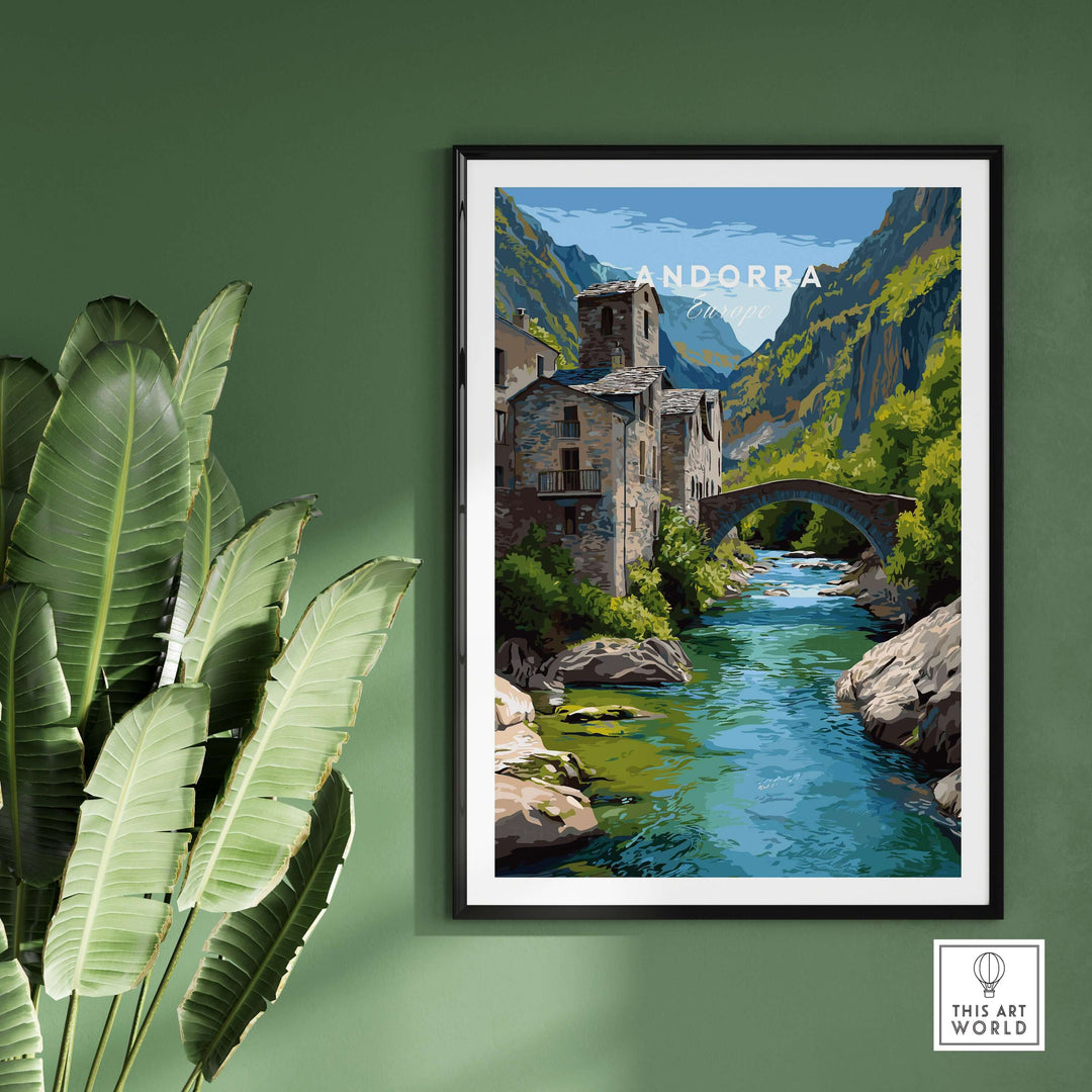 Andorra Poster | European Mountain Valley Decor featuring a serene river scene and seamless mountain backdrop.