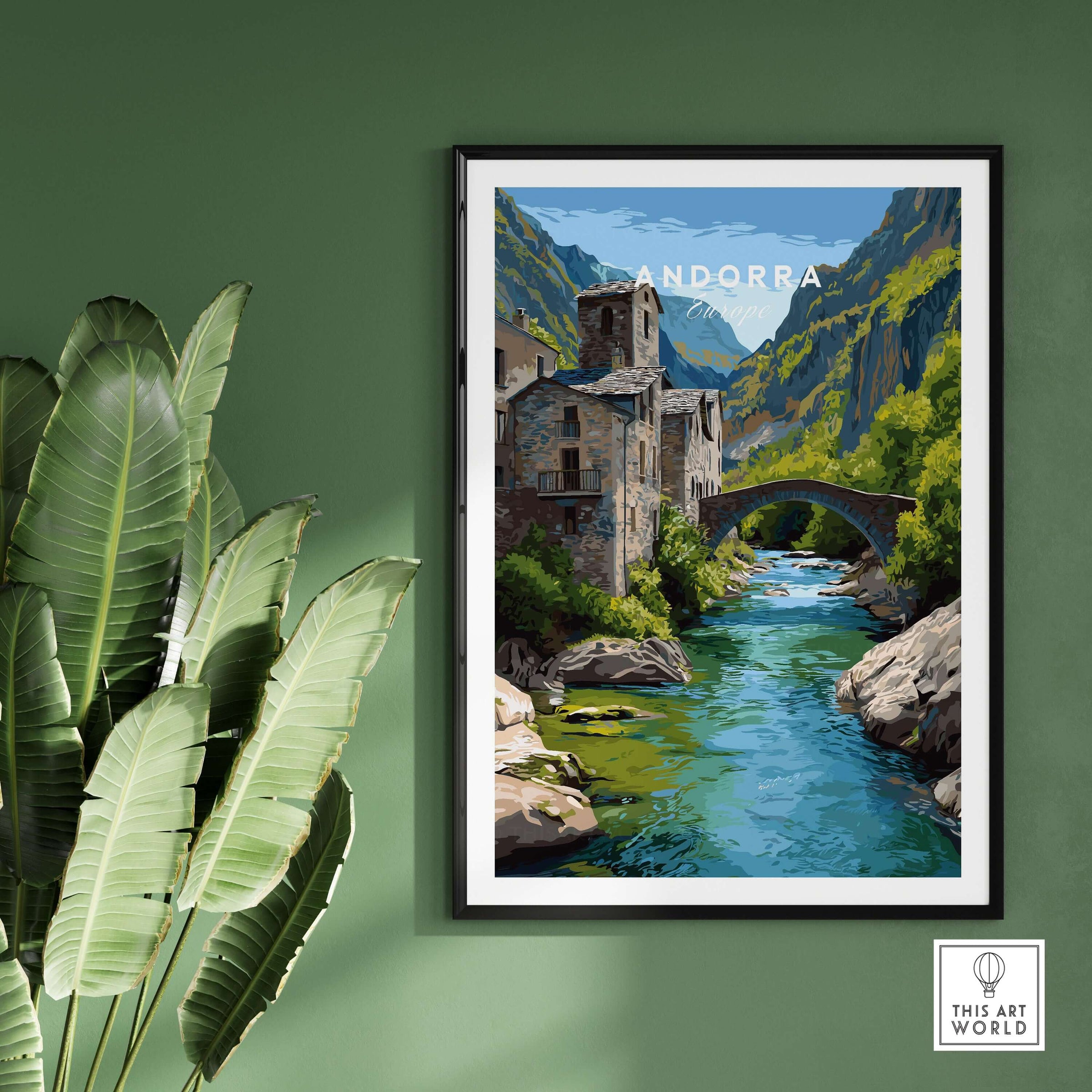 Andorra Poster | European Mountain Valley Decor featuring lush landscapes and serene river views framed for home decor.