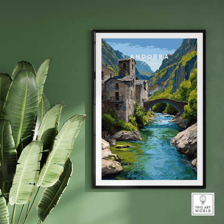 Andorra Poster | European Mountain Valley Decor featuring a serene river scene and seamless mountain backdrop.