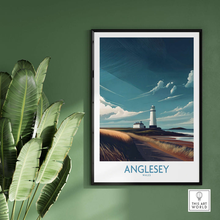 Anglesey Wales seascape poster featuring a lighthouse and beach path, perfect for adding coastal decor to your home.