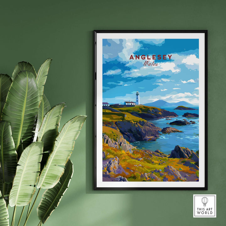 Anglesey Wales poster featuring a rocky coast and lighthouse, vibrant Celtic sea landscape wall art.