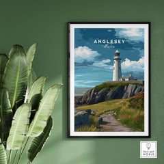 Anglesey Wales Lighthouse on Cliffs Print - Coastal Path Wall Art on green wall with framed print of lighthouse and cliffs.