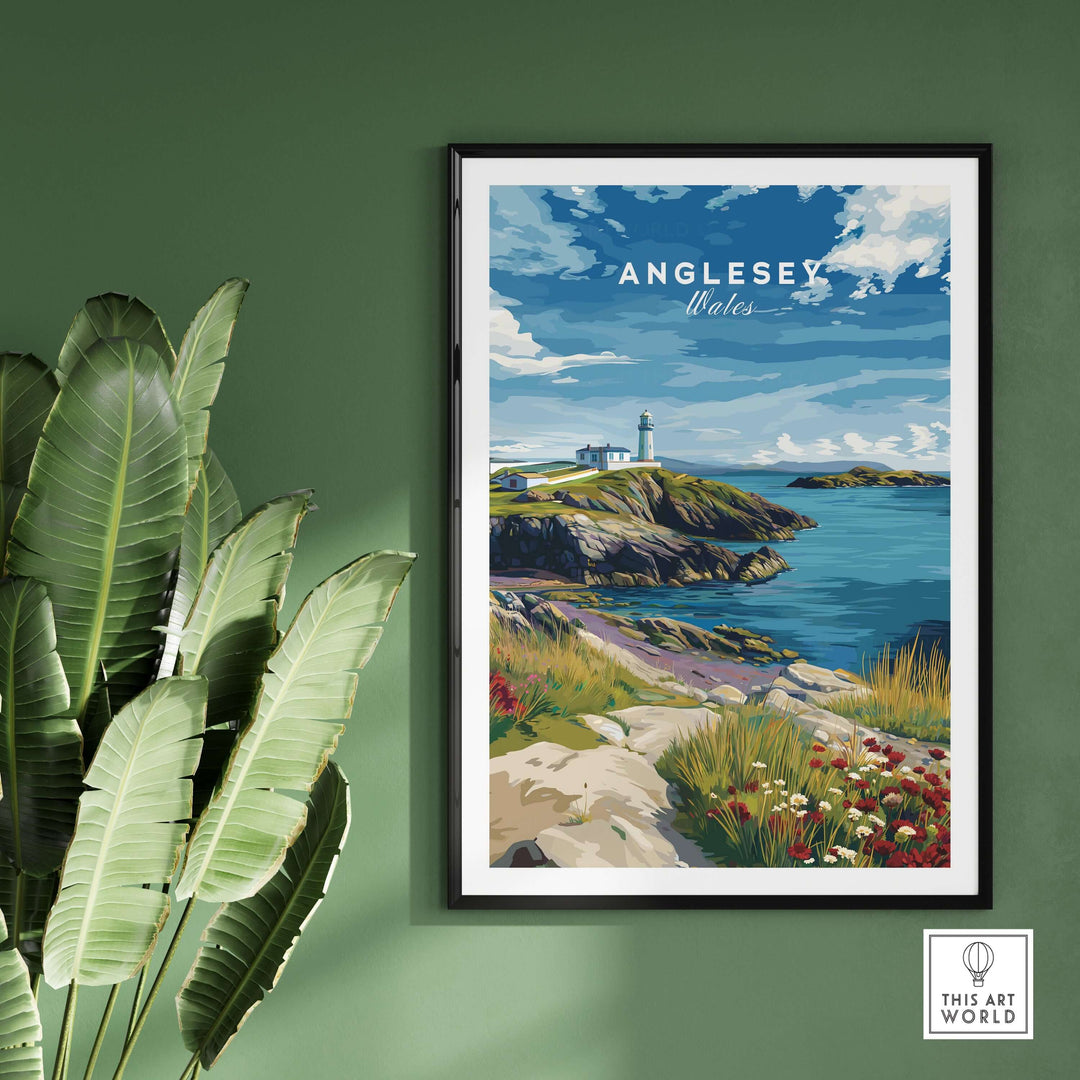Anglesey Wales lighthouse poster featuring wildflowers and coastal scenery, vibrant wall art for home decor.