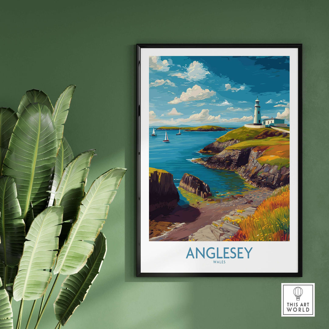 Anglesey Wales ocean view travel poster featuring a lighthouse and scenic coastline, ideal Welsh seaside decor.