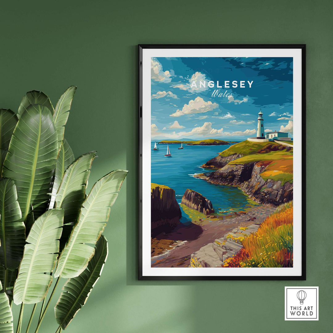 Anglesey Wales sailboats and lighthouse print, nautical wall art featuring scenic coastal view and vibrant colors.