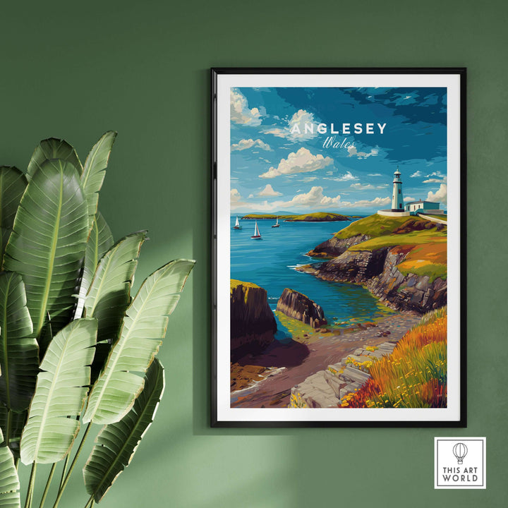 Anglesey Wales sailboats and lighthouse print, nautical wall art featuring scenic coastal view and vibrant colors.