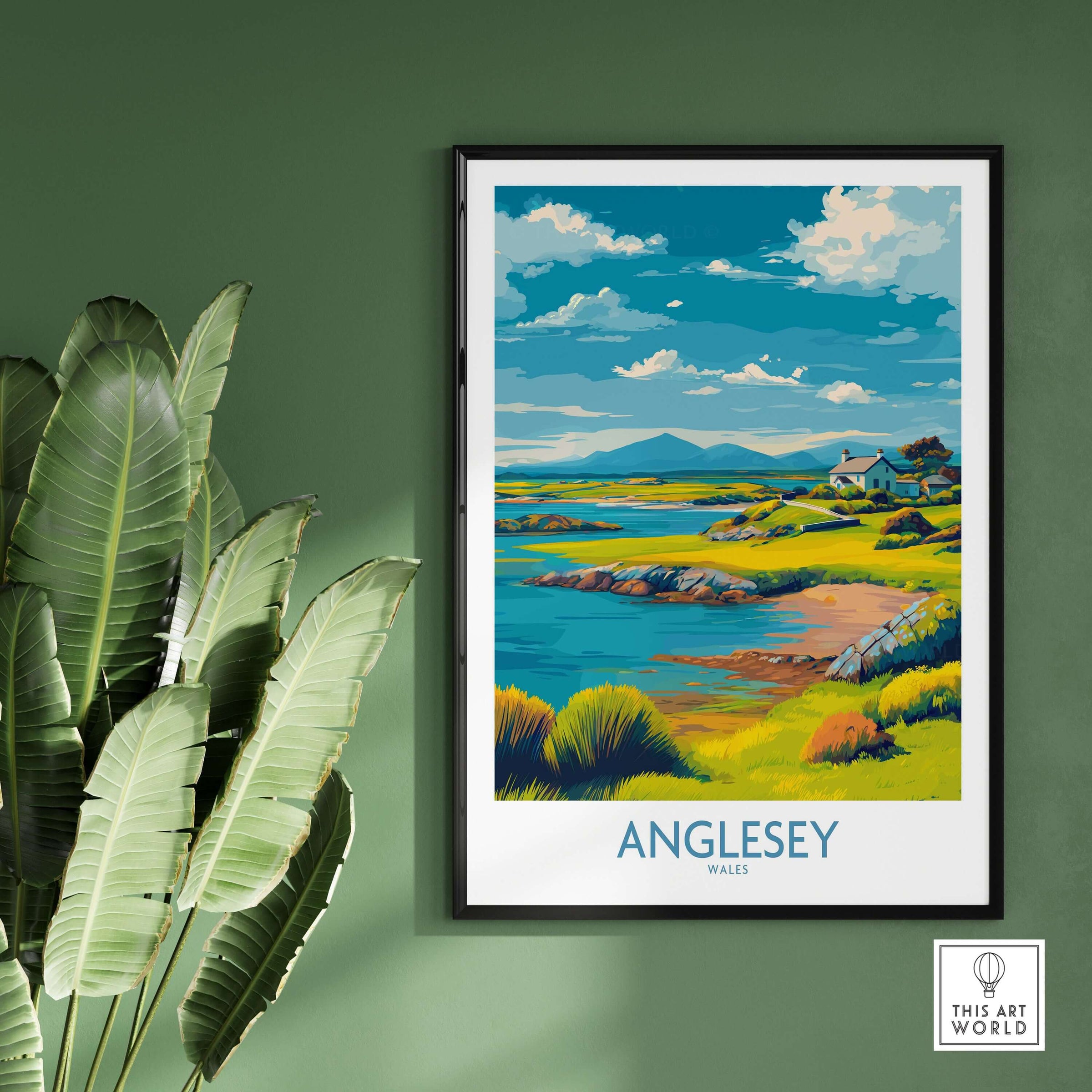 Anglesey Wales Tranquil Bay Poster - Welsh Countryside Travel Decor featuring serene waters and lush landscapes.