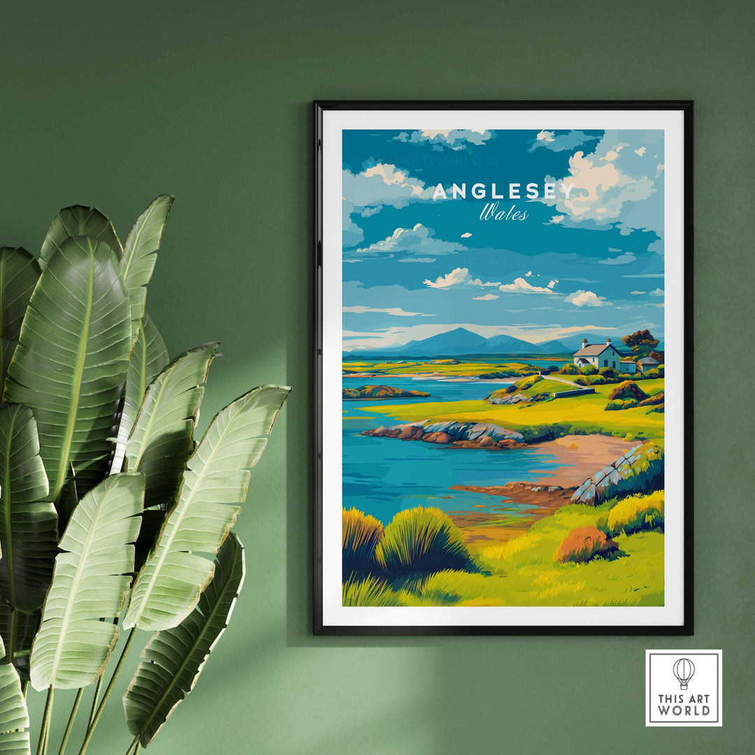 Anglesey Wales coastal landscape print featuring lush fields and serene waters, perfect for home decor.