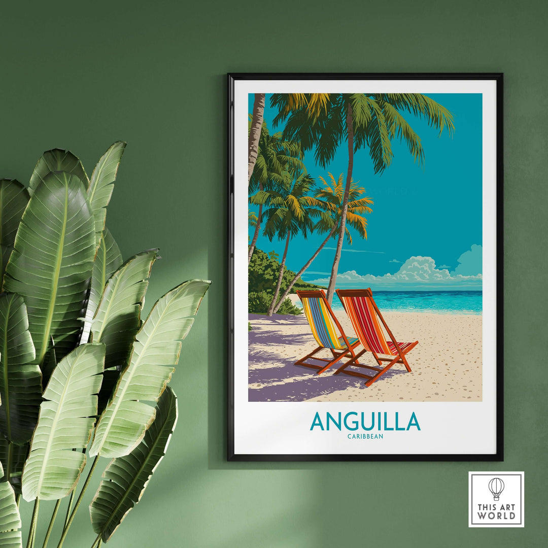 Anguilla Caribbean sunset poster featuring colorful beach chairs and tropical scenery, perfect for home decor and travel inspiration.