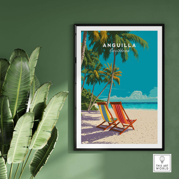 Anguilla Caribbean wall art print featuring colorful deck chairs on a tropical beach with palm trees.