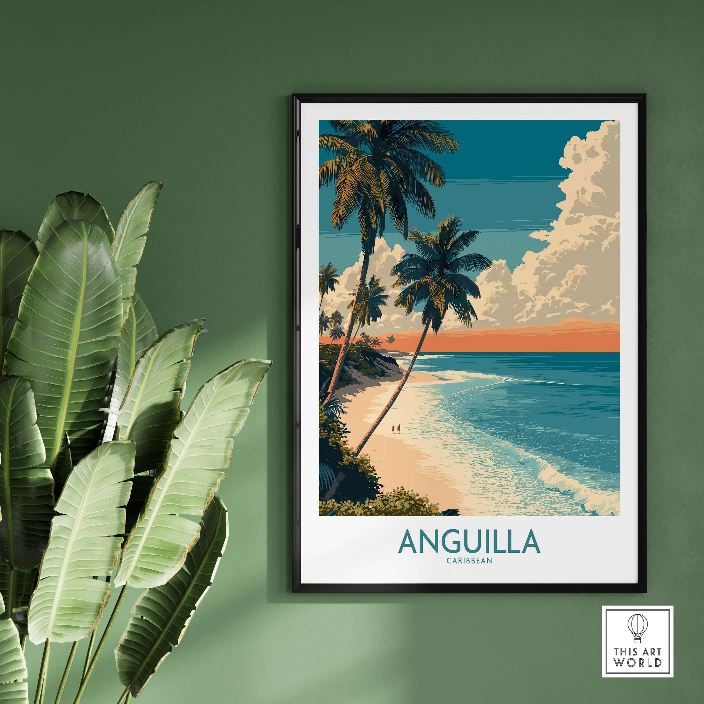 Anguilla Caribbean Poster - Caribbean Travel Print featuring stunning beach and palm trees in vibrant colors.
