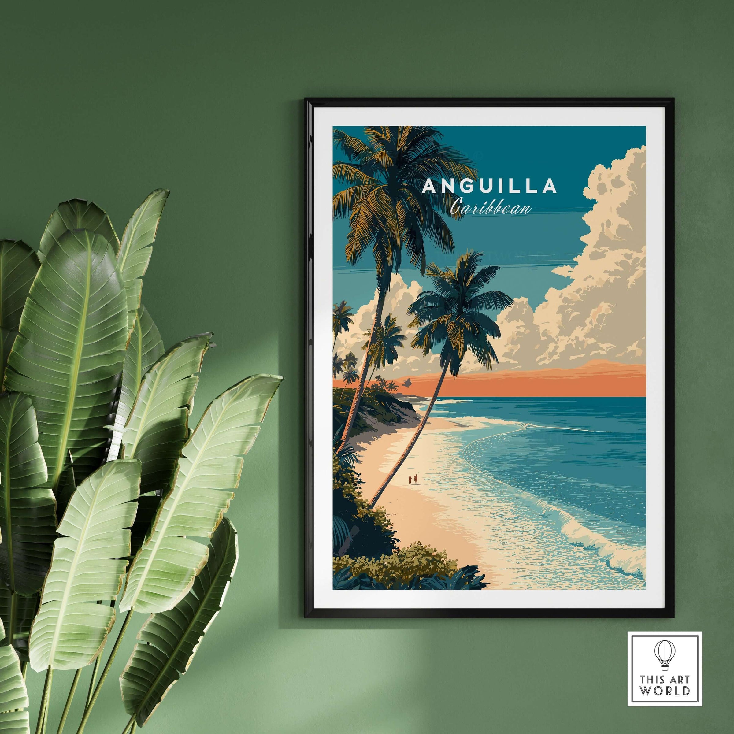 Anguilla Poster Caribbean Beach Wall Art showcasing a serene beach landscape with palm trees and vibrant skies.