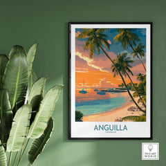 Anguilla Caribbean Print - Caribbean Seascape Wall Art showcasing a vibrant sunset over tranquil waters and palm trees.