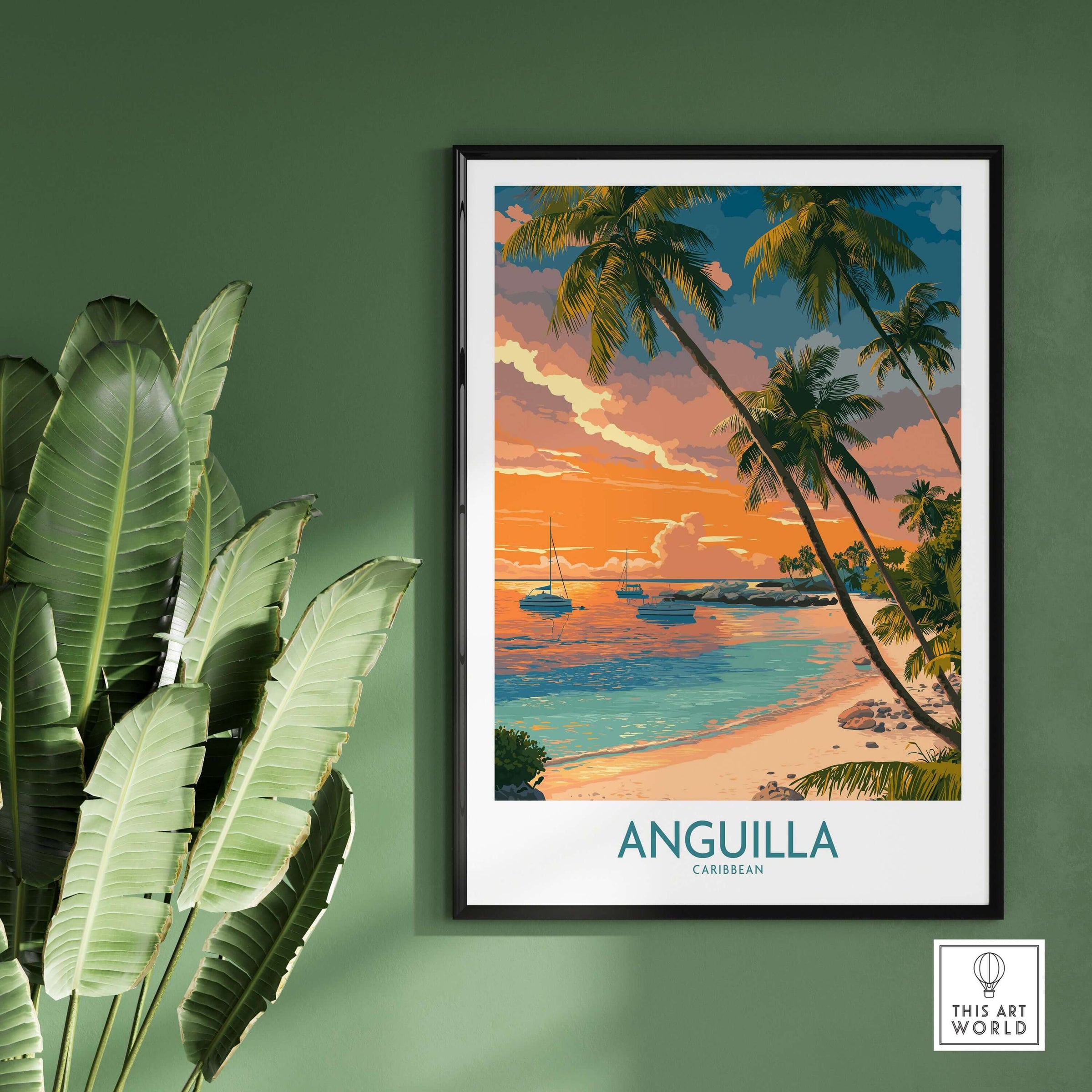 Anguilla Caribbean Print - Caribbean Seascape Wall Art showcasing a vibrant sunset over tranquil waters and palm trees.