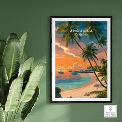 Anguilla Poster Caribbean Sunset Poster - Vibrant Beach Scene Art displayed on a wall with tropical plants.
