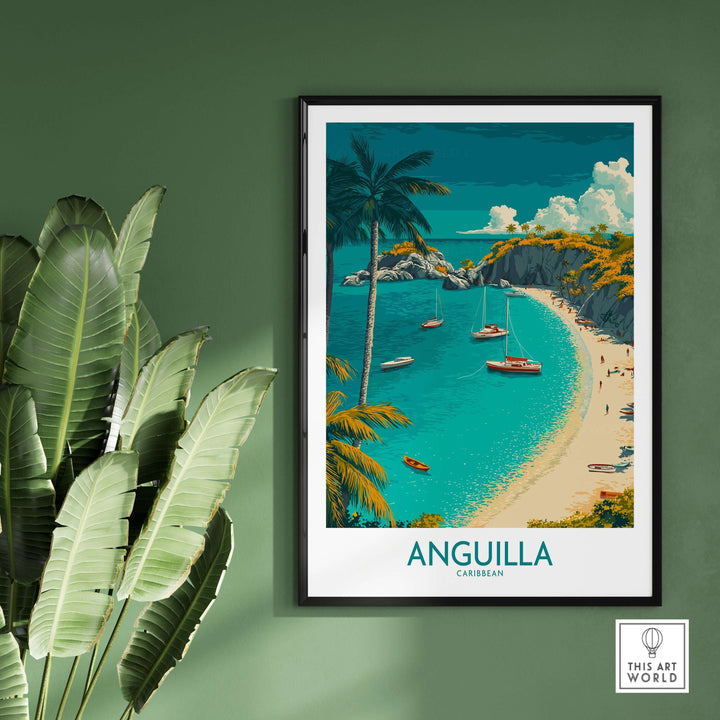 Anguilla Caribbean beach poster showcasing scenic coastline and sailboats in vibrant tropical setting.