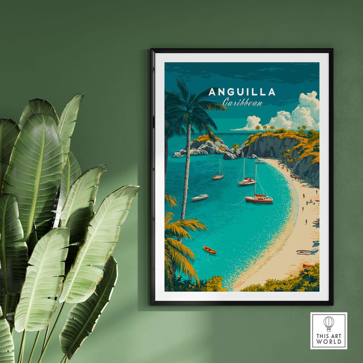 Anguilla travel poster showcasing tropical beach and boats, perfect Caribbean wall art for home décor.