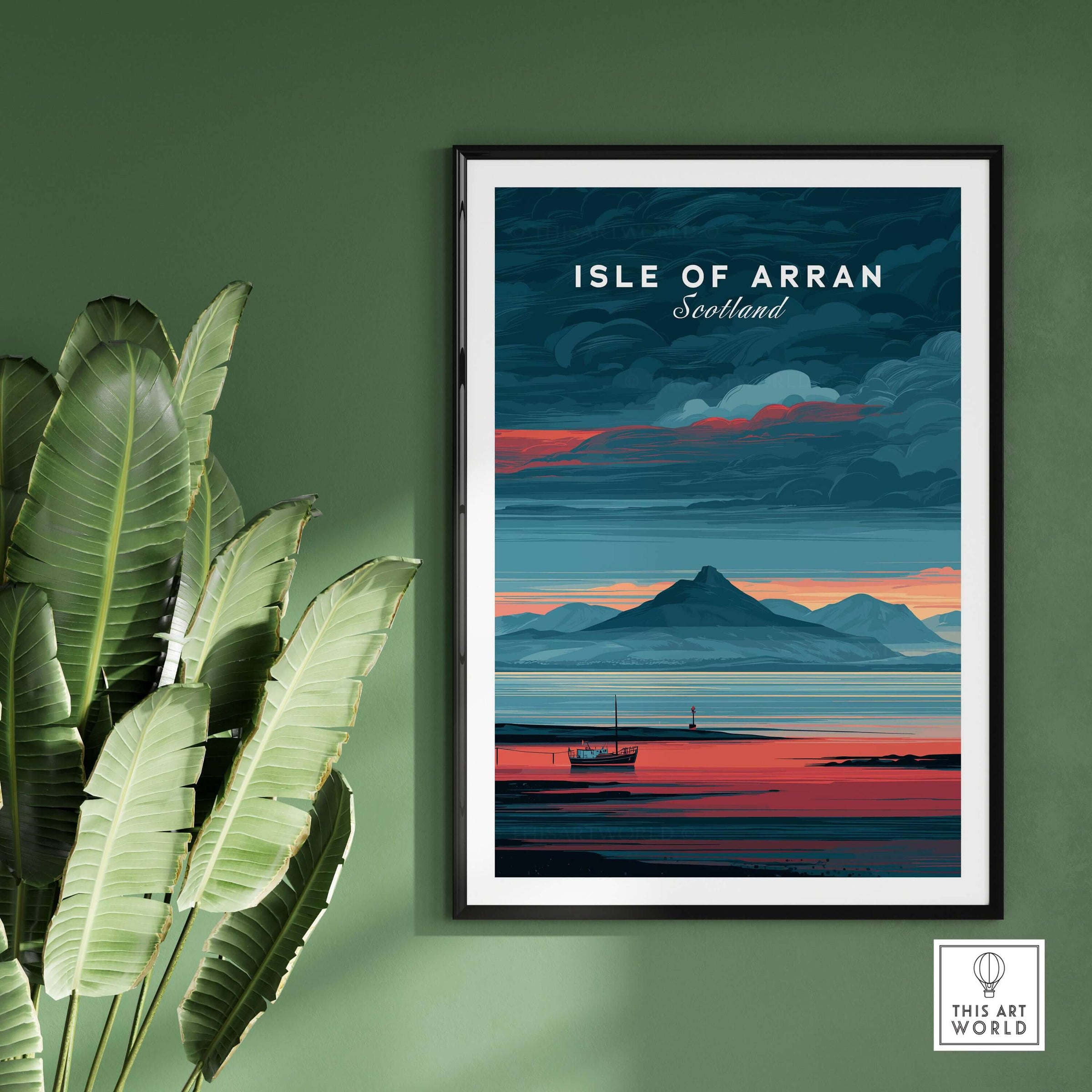 Isle of Arran Print Scotland Mountain Sunset - Dramatic Scottish Landscape Art displayed in a framed artwork setting.