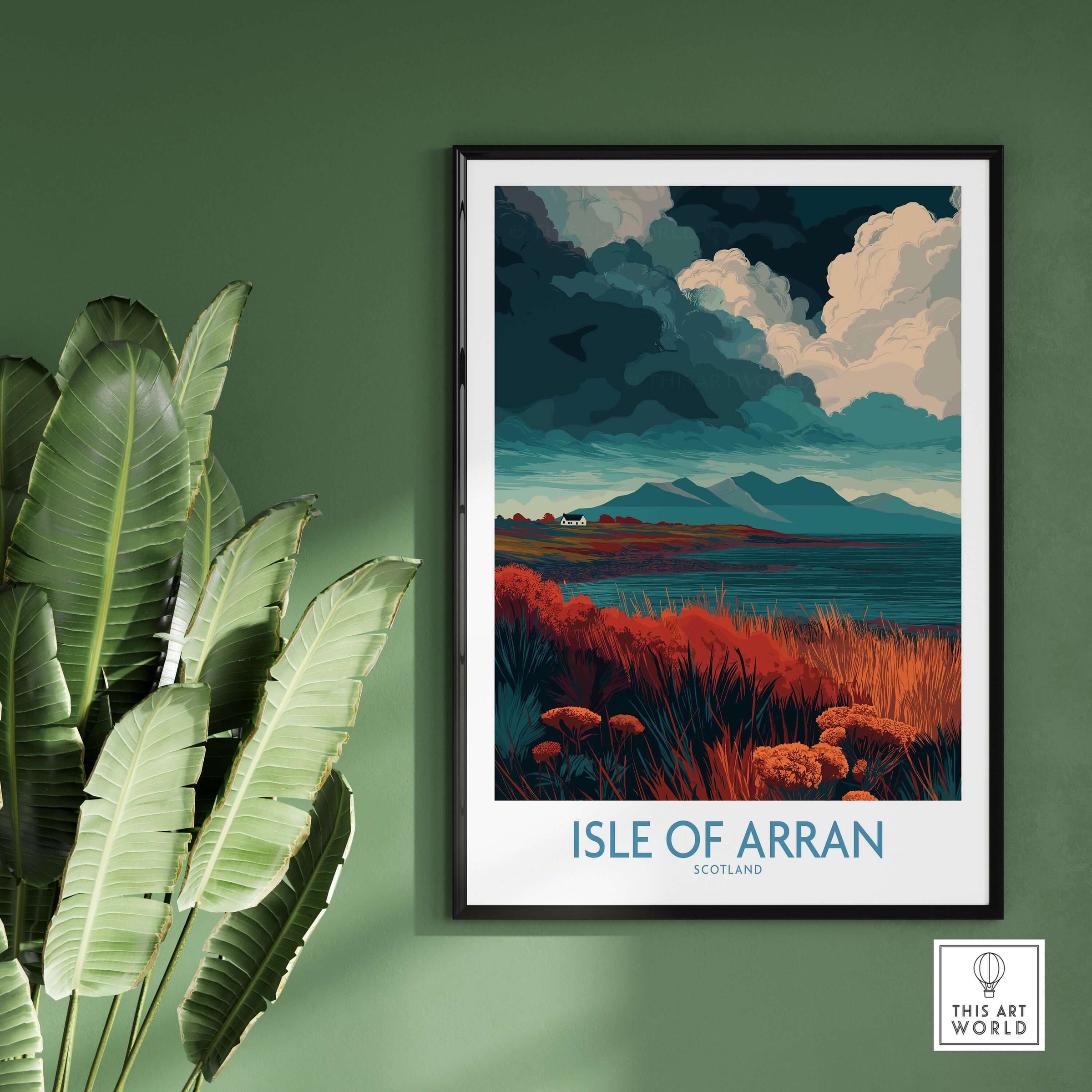 Isle of Arran Scotland Poster Stormy Sky Landscape - Isle of Arran Artwork displayed on a wall surrounded by foliage.