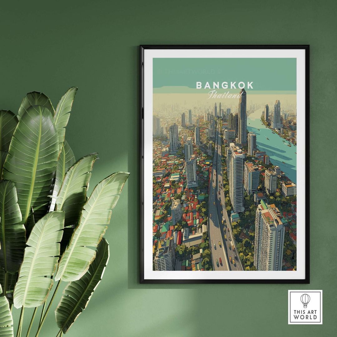Bangkok Thailand city skyline poster showcasing high-rise urban landscape and vibrant architecture.