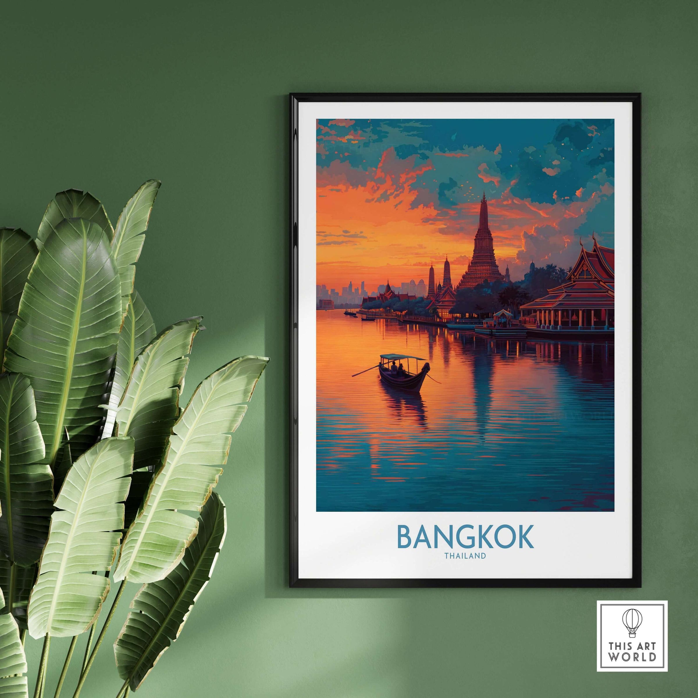 Bangkok Poster Thailand Riverboat at Dusk - Thai Landmark Travel Print featuring a serene view of the sunset over the river.