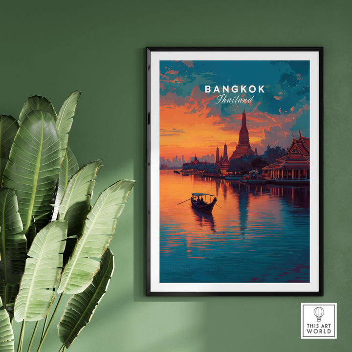 Wat Arun sunset reflection print showcasing Bangkok's Temple of Dawn in warm golden hues, enhancing any wall decor.