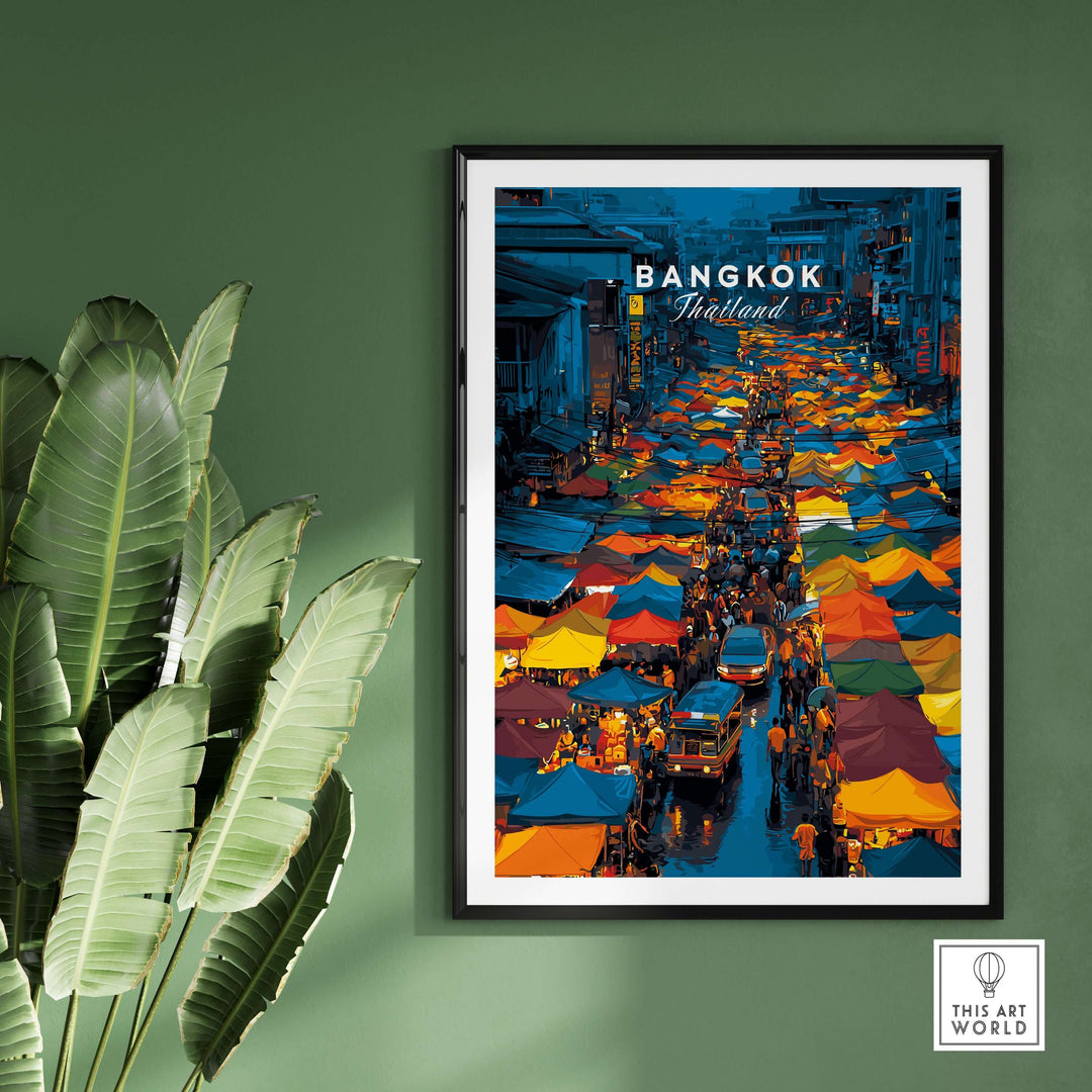 Overhead view of bustling Bangkok night market with colorful stalls and lively street scene poster.