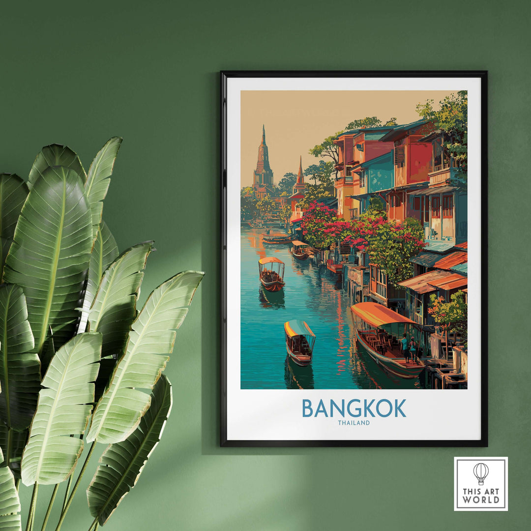Bangkok floating market travel poster featuring colorful boats and lush greenery, ideal for home decor.