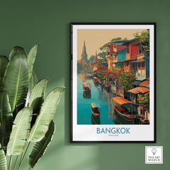 Bangkok Thailand Poster - Floating Market Travel Print featuring colorful boats and vibrant waterways.