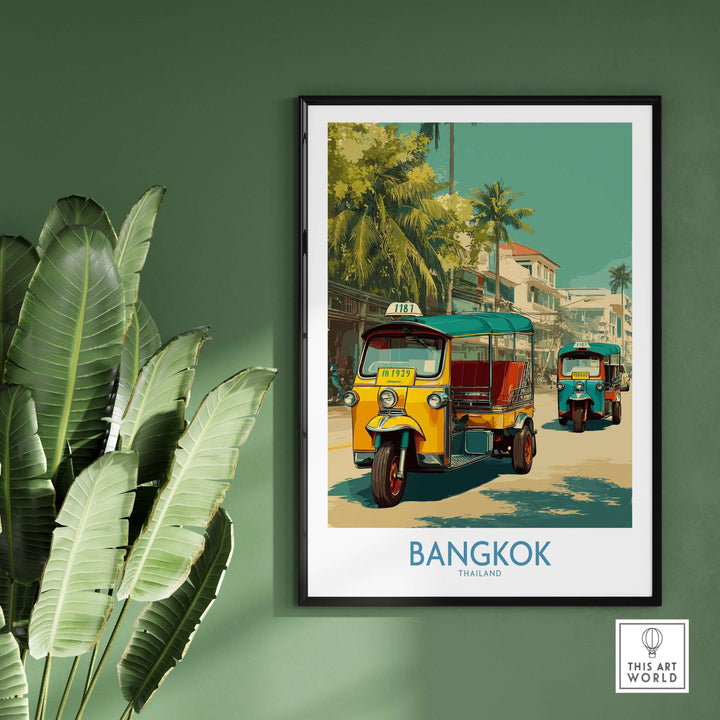 Vibrant Bangkok tuk tuks print showcasing colorful Thai culture and lively street energy in decorative frame.