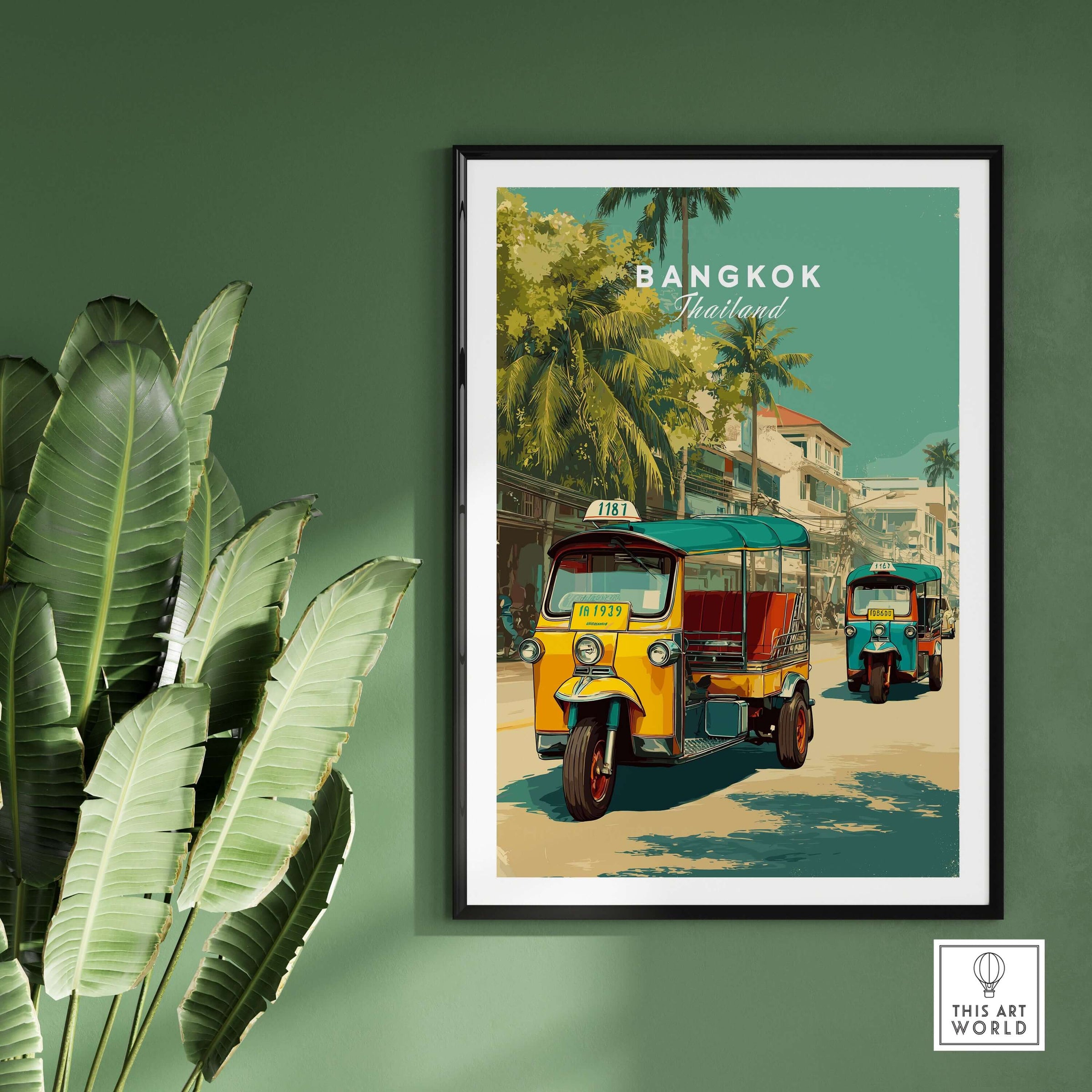 Bangkok Thailand Tuk Tuk City Street Poster - Wall Art hanging on a green wall with tropical plants.