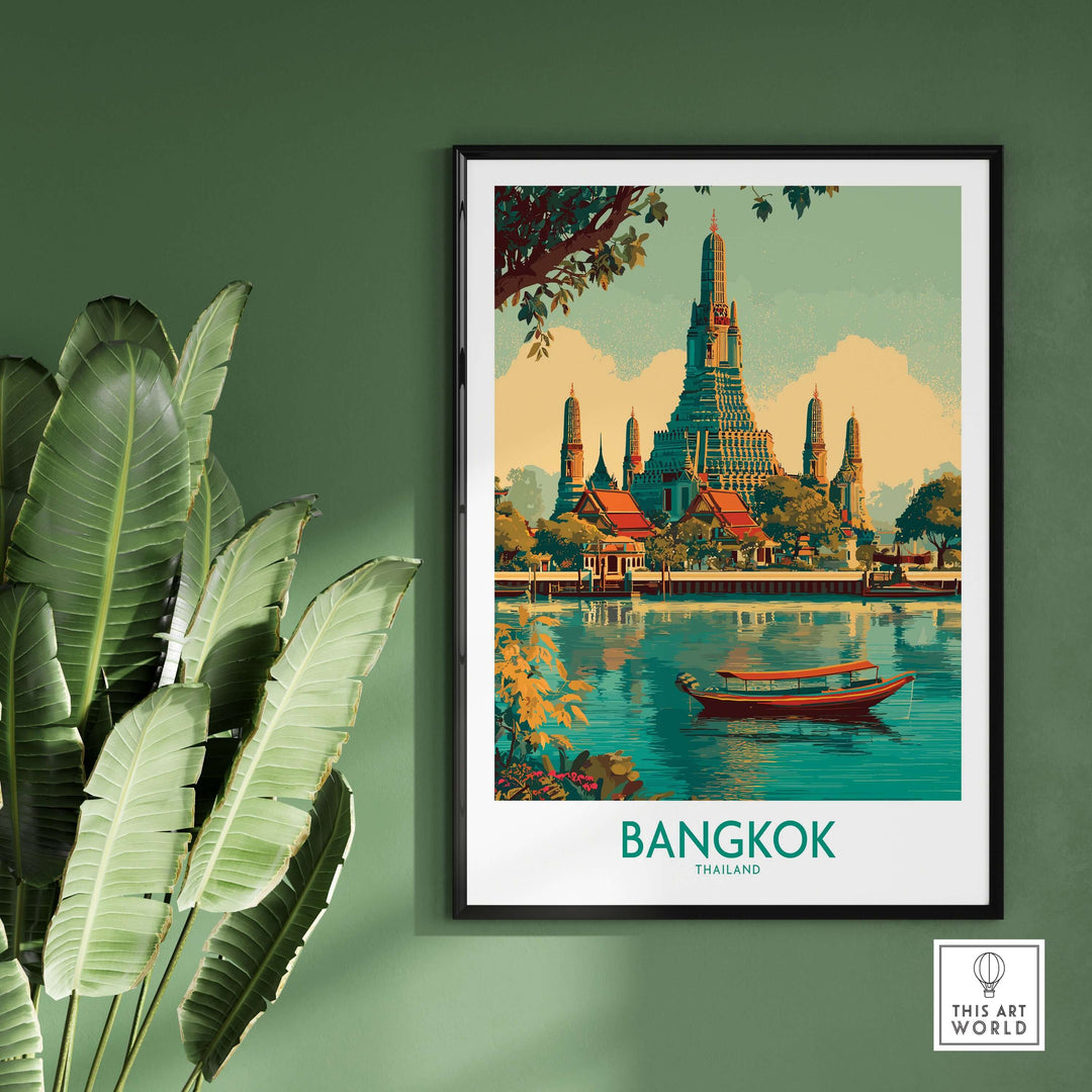Bangkok temple wall art poster showcasing Thai architecture and serene river scene, perfect for travel enthusiasts.