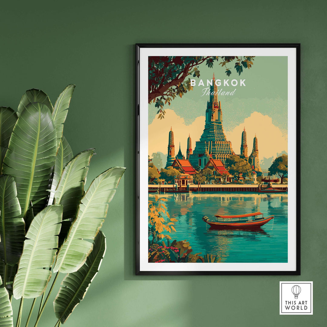 Bangkok poster featuring Wat Arun temple and river scene, framed wall art showcasing Thailand's cultural beauty.