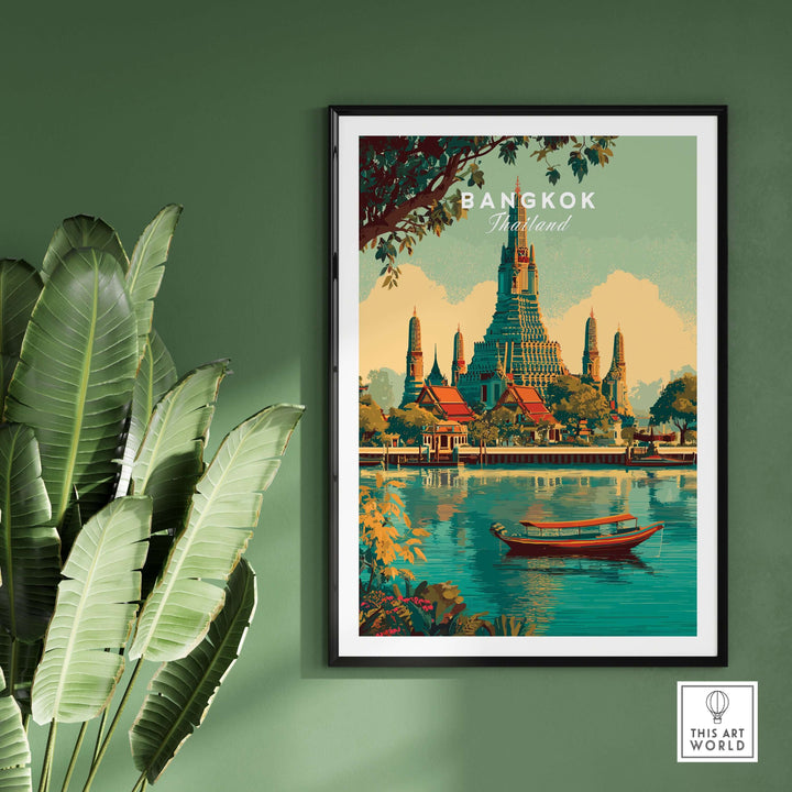 Bangkok poster featuring Wat Arun temple and river scene, framed wall art showcasing Thailand's cultural beauty.