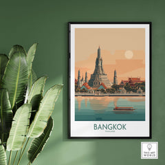 Bangkok Poster Thailand Temple of Dawn - Historic Thai Landmark Print showcasing the stunning architecture.