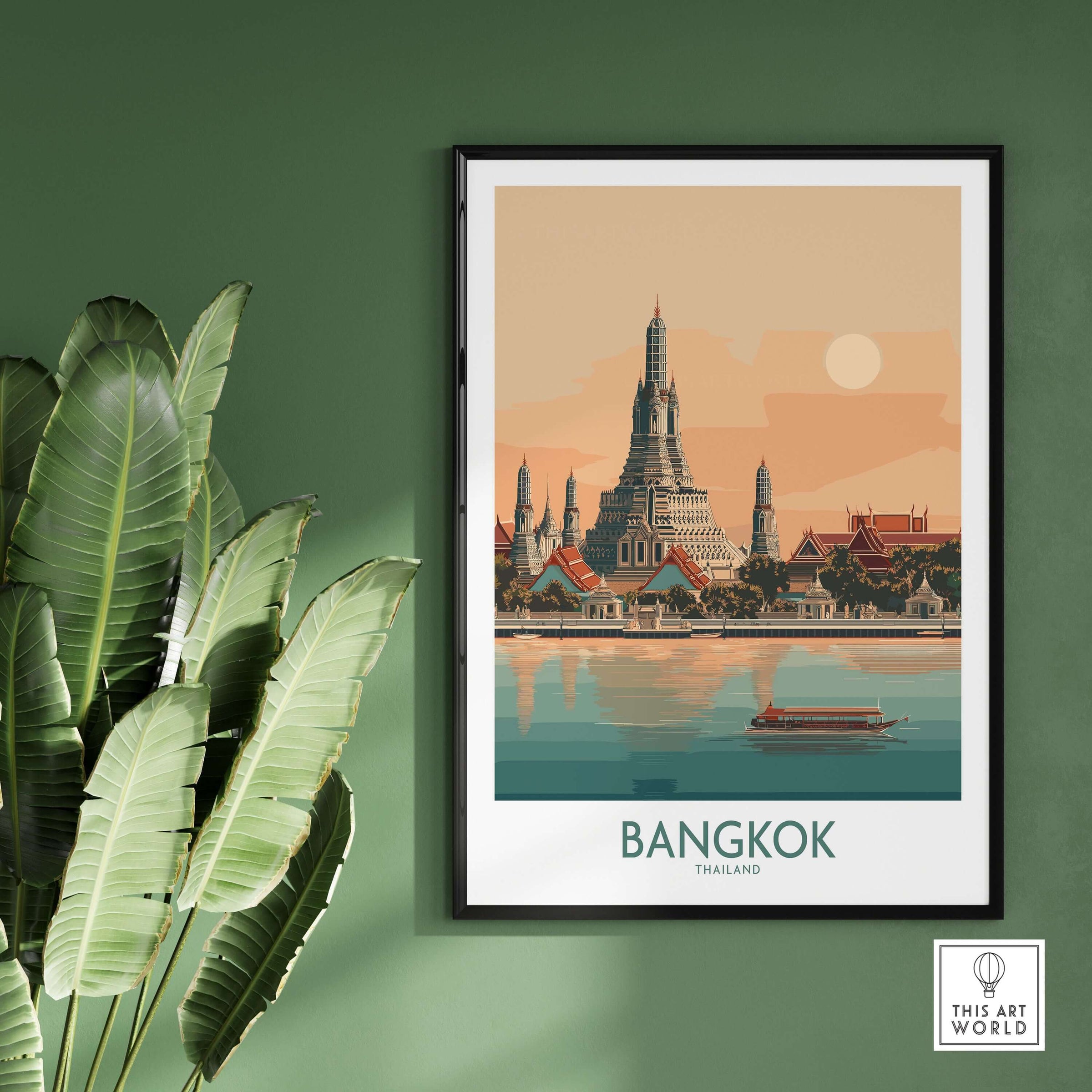 Bangkok Poster Thailand Temple of Dawn - Historic Thai Landmark Print showcasing the stunning architecture.