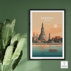 Bangkok Print Thailand Wat Arun Temple - Chao Phraya River Wall Art in a modern frame against a green wall.