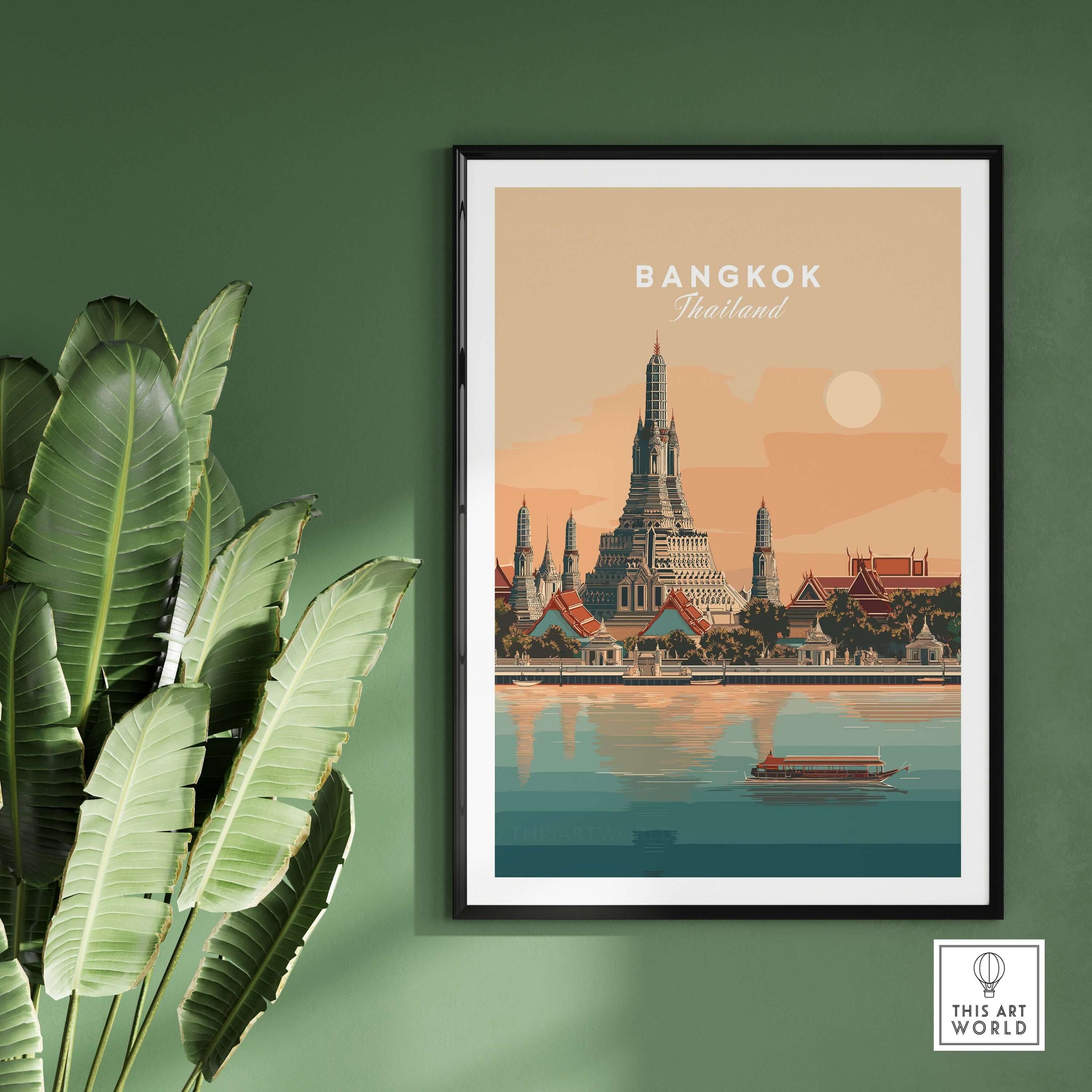 Bangkok Print Thailand Wat Arun Temple - Chao Phraya River Wall Art in a modern frame against a green wall.