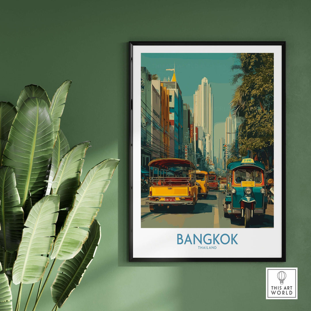 Bangkok wall art print showcasing vibrant street life with tuk tuks and bustling cityscape, perfect for travel enthusiasts.