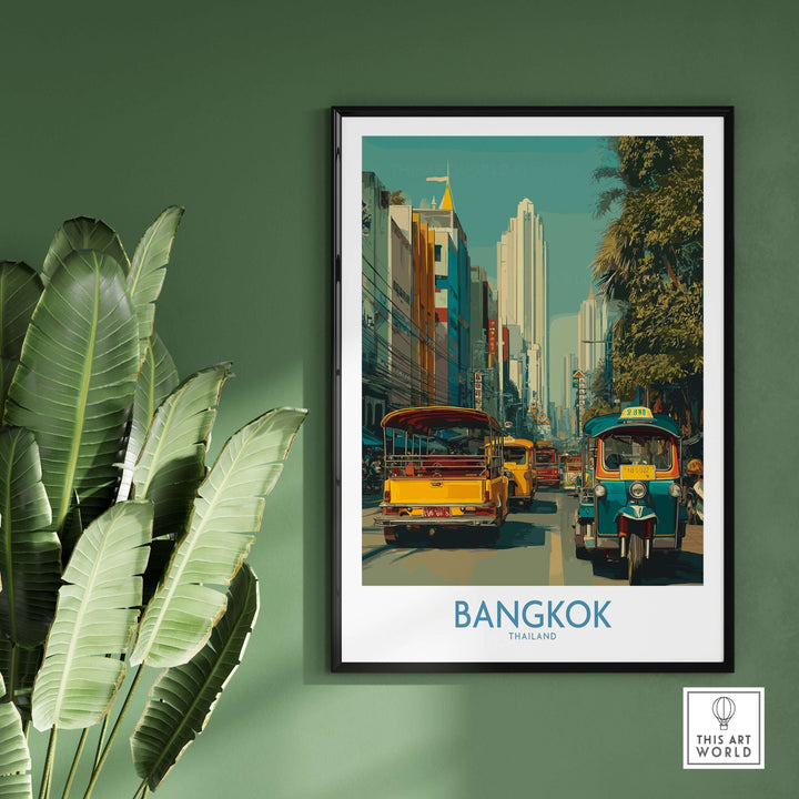 Bangkok wall art print showcasing vibrant street life with tuk tuks and bustling cityscape, perfect for travel enthusiasts.
