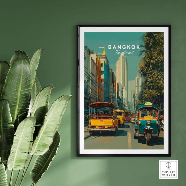 Colorful Bangkok tuk tuk street scene poster, showcasing vibrant urban life in Thailand.