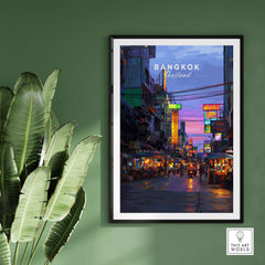 Bangkok Thailand Print Night Market Street -Thai Cityscape Poster showcasing vibrant nightlife and colorful cityscape.